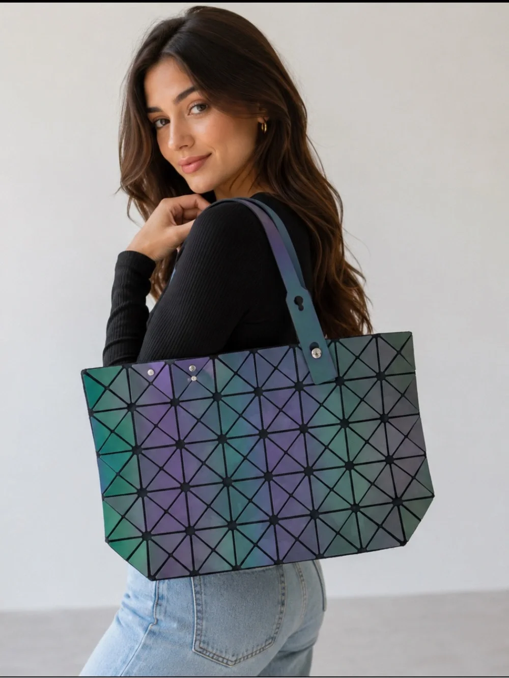 Bao Bao Issey Miyake Iridescent Geometric Tote in Green, Purple & Blue
